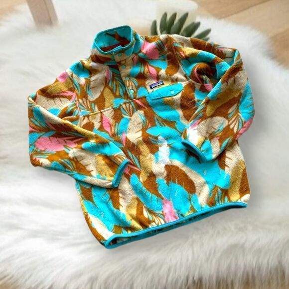 PATAGONIA XS BLUE TOURQUOISE TEAL PINK BROWN  FEATHER DANCE PRINTED  SYNCHILLA - Picture 10 of 15